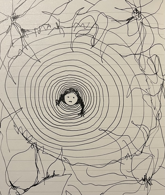 A cartoon drawing of a person at the bottom of a well.