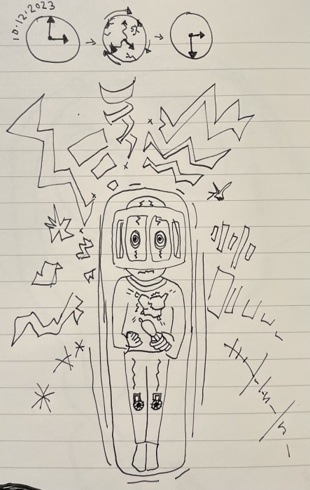 A cartoon of me stuck in an MRI tube with all sorts of noises and my heart beating fast with overwhelmed eyes.