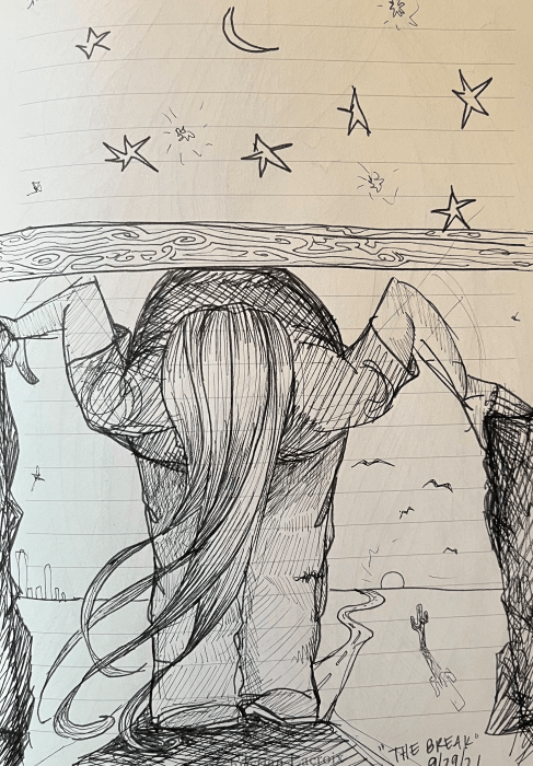 Drawing of someone pausing in the middle of a hard task to rest. There are stars above and a long path behind.