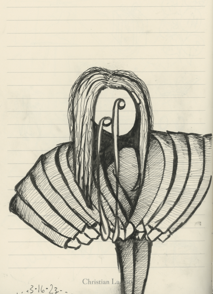 A graphic drawing of a girl with many arms that, to be honest, is about 4-8% unsettling.