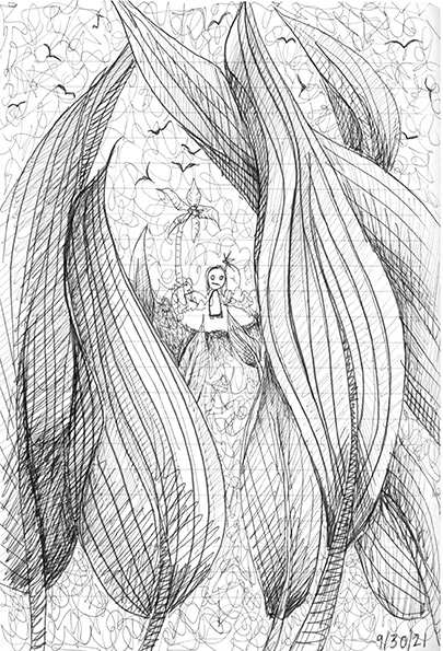 A sad little line drawing of a girl in the distance viewed through the break in trees.