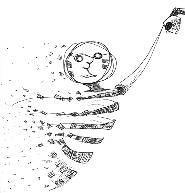 An abstract drawing of a person holding onto a branch and being dissipated into small pieces by the wind.