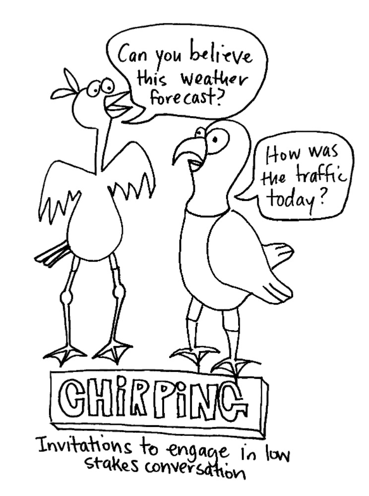 Two cartoon birds talking to each other. "Can you believe this weather forecast?" "How was the traffic today?" The bottom says "Chirping: invitations to engage in low stakes conversation"